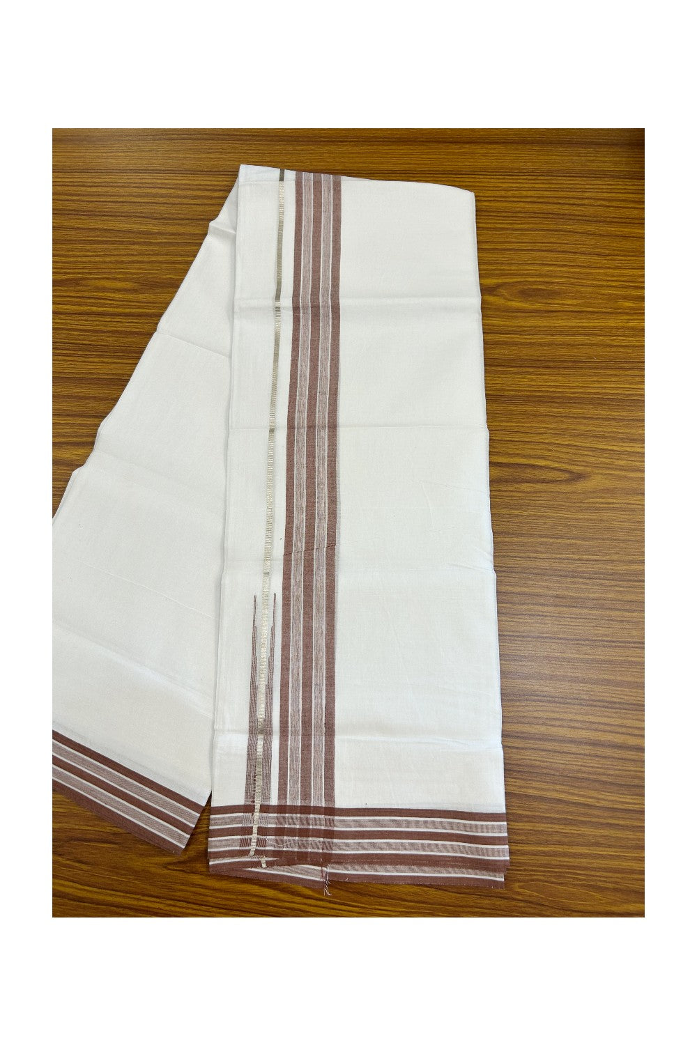 28% DISCOUNT!! Kaitharikada Balaramapuram 100% Cotton PURE WHITE Double Mundu/Dothi - 100X80 - 1.75 Inch Silver Peanut Brown Stripes Chutty Kara - 20KK5155THI