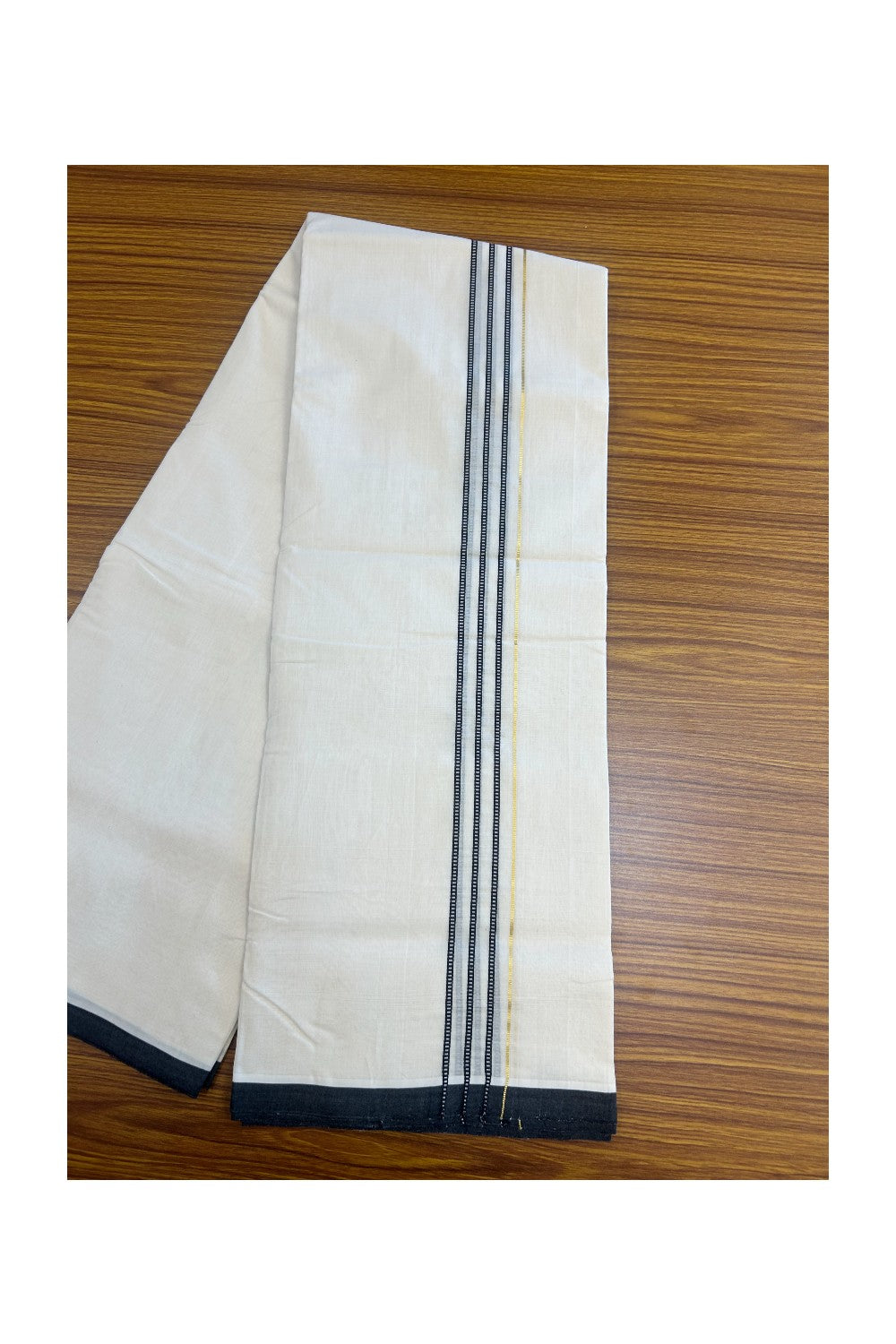 25% DISCOUNT!! KaithariKada HANDLOOM UNAKKUPAAV Balaramapuram - 100% PURE Cotton OFF White - (Unbleached) Double Mundu/Dothi - 100x100 - PURE KASAVU 3 cm Black stripes pattern kara 3.80 meter (8.5 Muzham) - 30KK5167REA