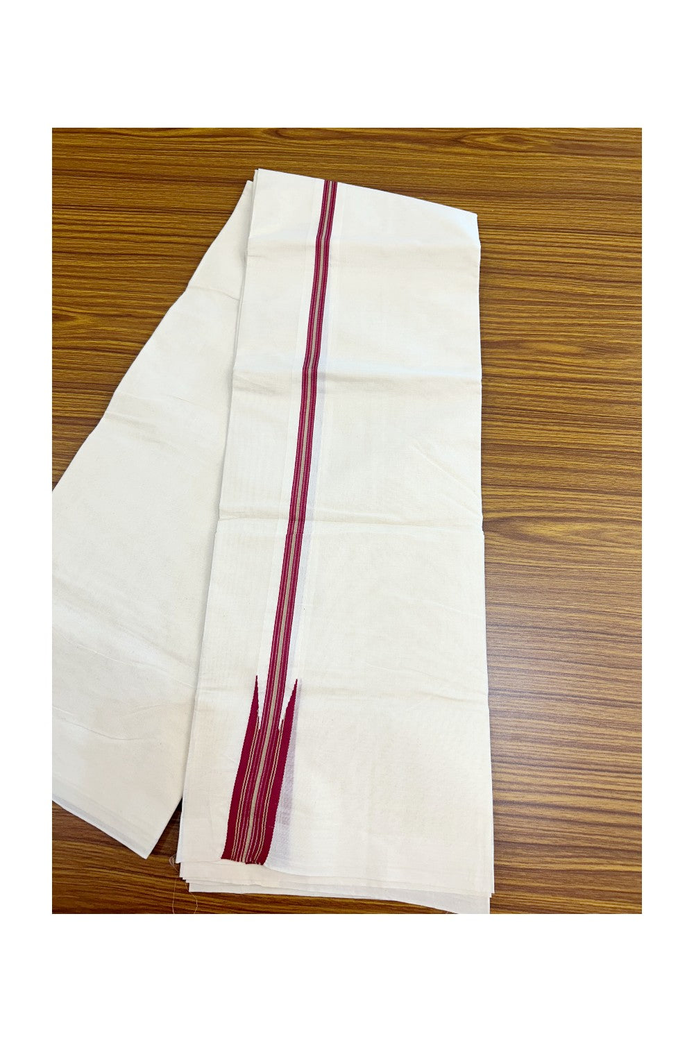 20% DISCOUNT!! KaithariKada Balaramapuram Pure Cotton DOUBLE OFF WHITE - (Unbleached) - Mundu/Dhoti - 100x80 - 1.25 inch Puliyilakkara Dark Red & Sand Brown Chutty - 20KK5171GAN