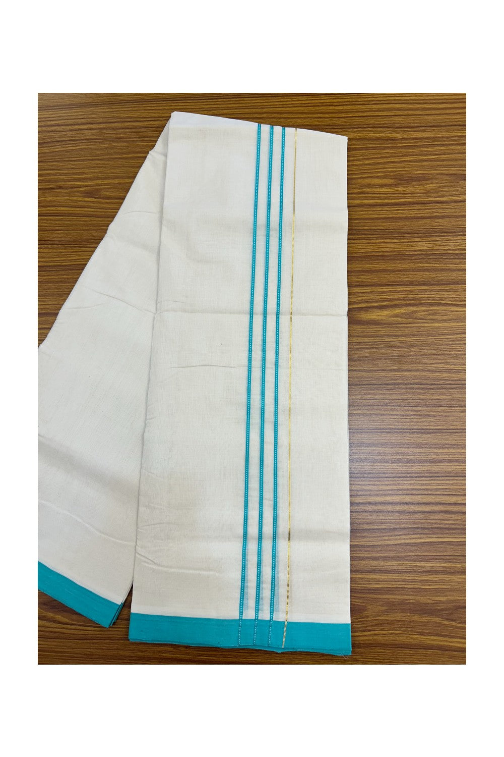 25% DISCOUNT!! KaithariKada HANDLOOM UNAKKUPAAV Balaramapuram - 100% PURE Cotton OFF White - (Unbleached) Double Mundu/Dothi - 80x100 - PURE JERRY 1.25 inch Turquoise blue stripes pattern kara 3.80 meter (8.5 Muzham) - 20KK5209 REA