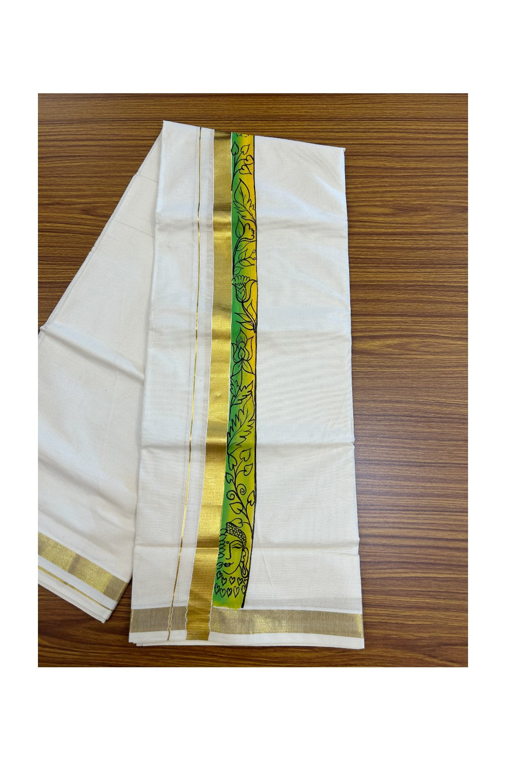 29% Discount! KaithariKada Balaramapuram 100% Cotton off white Double - (Unbleached) Mundu/Dhoti- 80x90 - Gold Kasavu HAND PAINTED Yellow & Green Leaf Flower Buda Pattern 2.25 inch Kara - 20KK5212 VIN