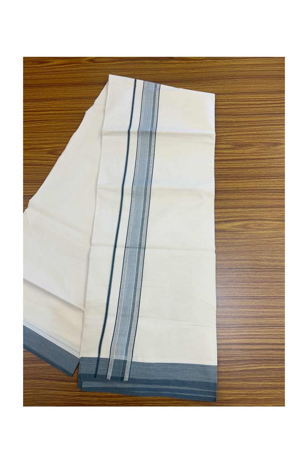 20% DISCOUNT ! KaithariKada Balaramapuram 100% Cotton OFF WHITE (Unbleached) Double Mundu/Dhoti - 100X80 - 1.5 inch Pine Green & Black Shaded Designer Kara - 20KK5213 VIN