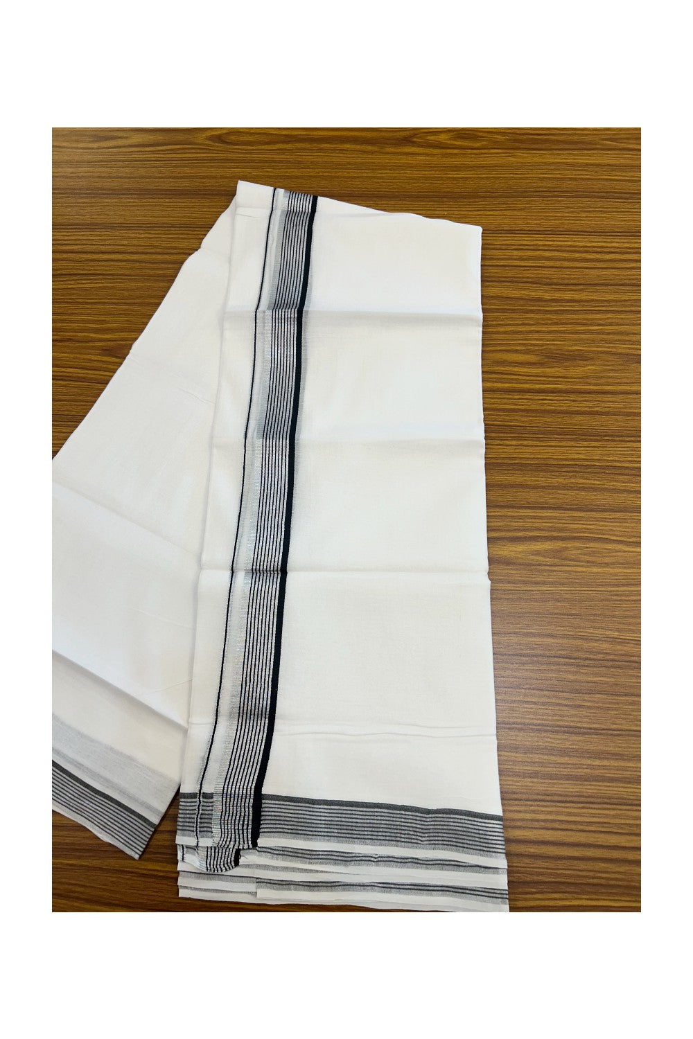 20% Discount !! KaithariKada Balaramapuram Double PURE WHITE Mundu/Dhoti- 100x80 - 1.25 inch Black & Silver Kasavu Striped kara - 20KK5217 CKS