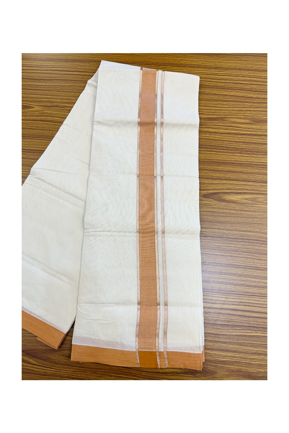 NEW !! 20% DISCOUNT!! KaithariKada Balaramapuram 100% Cotton Double Off white - (Unbleached) Mundu/Dhoti-100x80 - 1.5 inch Silver Kasavu & Light Orange Shaded Striped KARA - 3.75 mtr (8 Muzham) - 20KK5218 ASH