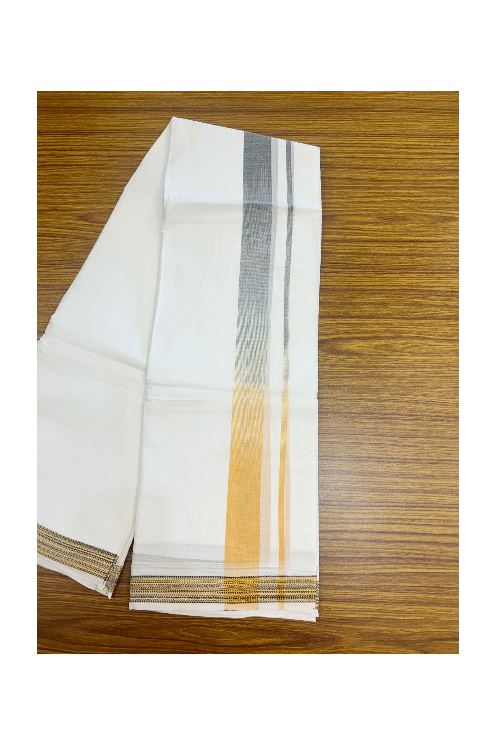 20% Discount!!! KaithariKada Balaramapuram Double PURE WHITE RAINBOW Mundu/Dhoti - 100X80 - 1.5 inch Black & Light Orange shaded Striped Designer Kara - 20KK5220 THI