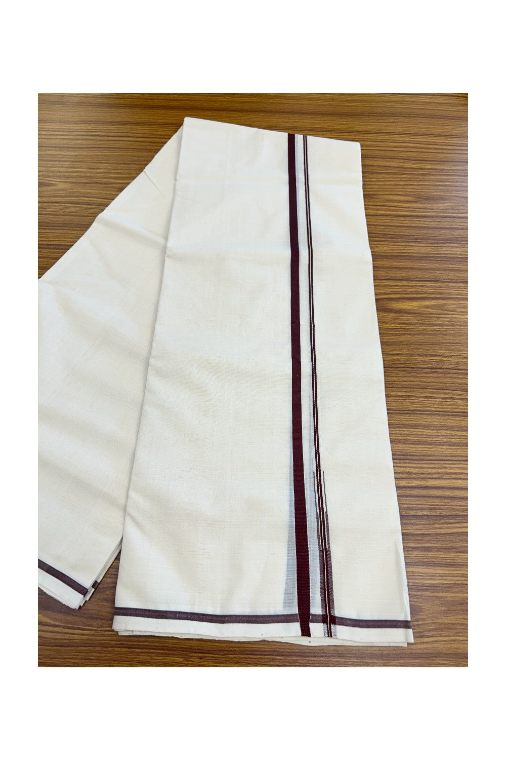 25% Discount KaithariKada HANDLOOM Millpaav Balaramapuram - 100% PURE Cotton OFF WHITE (Unbleached) Double Mundu/Dhoti - 80X90 - Puliyilakkara 1 cm Dark Maroon Chutty Kara 4 mtr (8.5 muzham)- 20KK5234 RAM