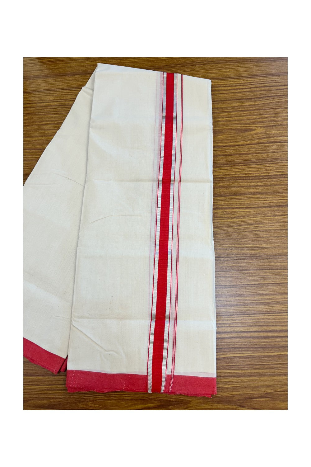 25% Discount! KaithariKada HANDLOOM MILLPAAV Balaramapuram - 100% PURE Cotton OFF WHITE (Unbleached) Double Mundu/Dhoti - 80x90 - 1.25 inch Silver kasavu Bright Red striped kara 4 Mtr (8.5 Muzham) - 20KK5235 YAR