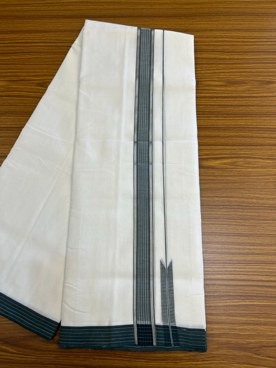 25% Discount!! NEW ULTRA PURE WHITE THREAD HANDLOOM Balaramapuram - 100% MERCERISED Cotton Double Mundu/Dhoti - 120 twisted warp x 80s weft - Dark Green White Stripes Silver Kasav Chutty Kara- 20KK5248 REA