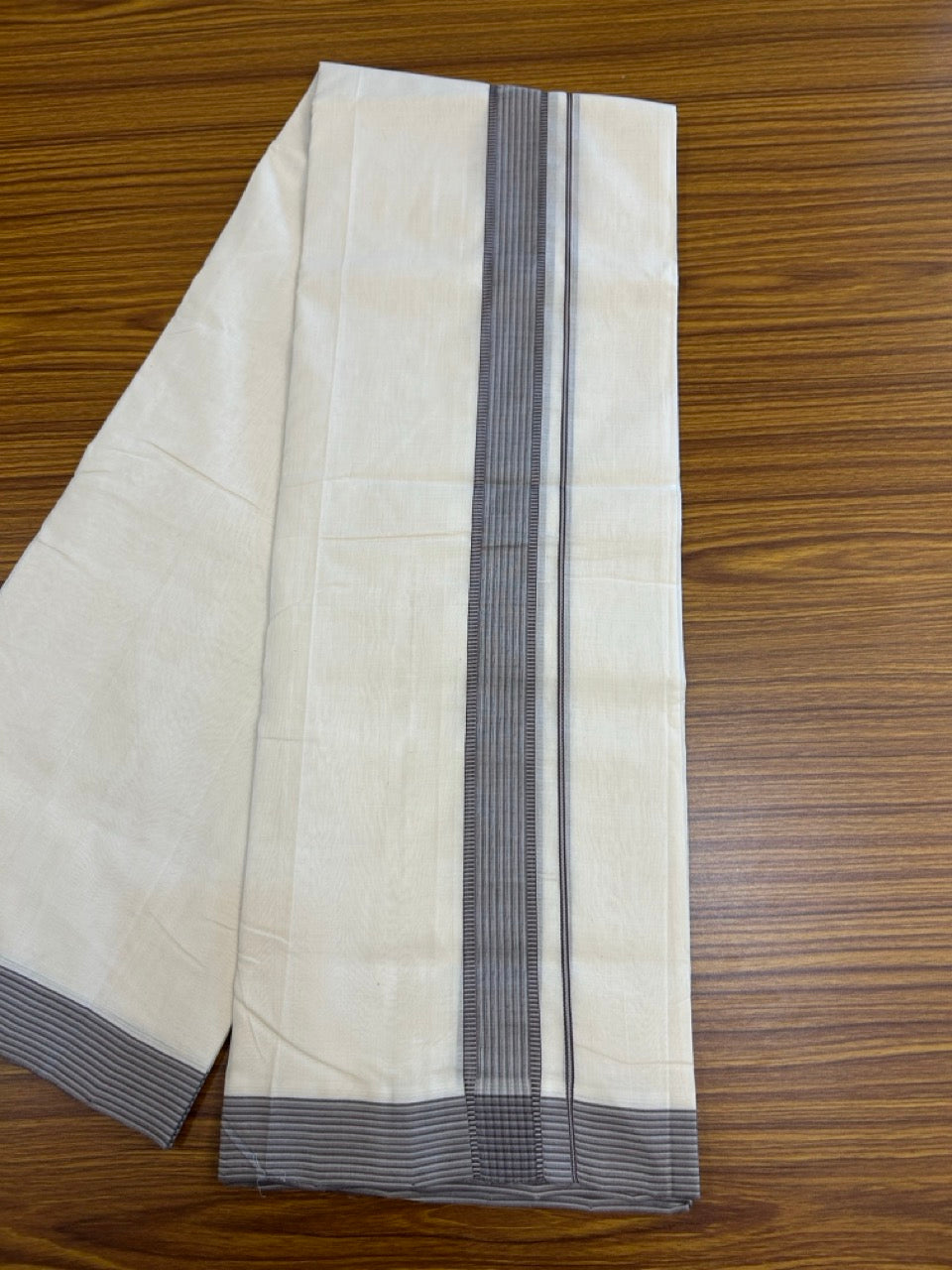 25% DISCOUNT!! KaithariKada HANDLOOM UNAKKUPAAV Balaramapuram - 100% PURE Cotton OFF White - (Unbleached) Double Mundu/Dothi - 100 x 80 - 1.5 inch Violet Cyan 3.80 meter (8.5 mulam) - 20 KK5249 REA