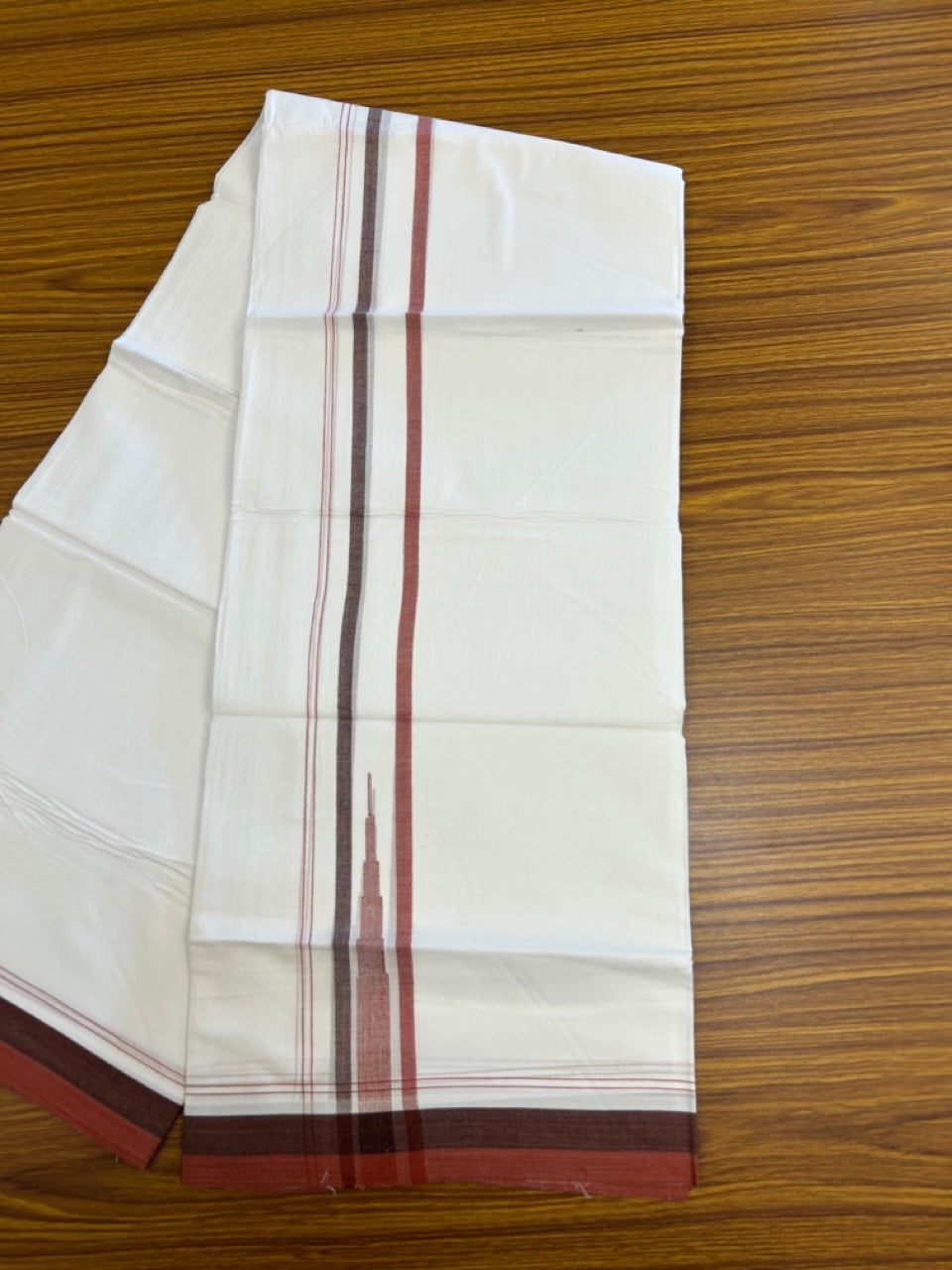 20% Discount ! NEW! KaithariKada Balaramapuram 100% Cotton Pure white Double Mundu/Dhoti - (100x80)s - 1.5 inch Brick Red Brown chutty - 20 KK5249 VIN