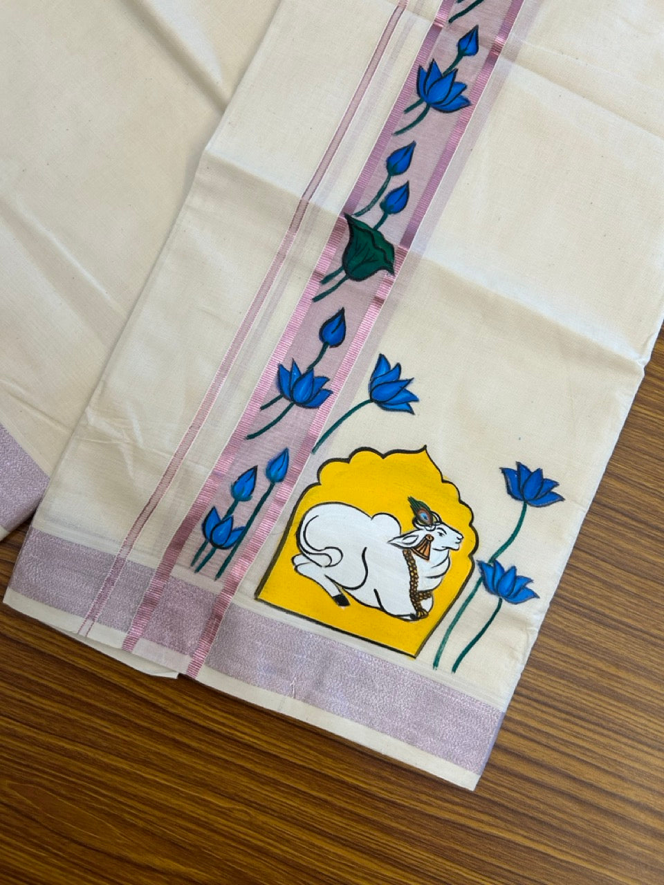 24% Discount! KaithariKada 100% Cotton Double Off white - (Ubleached) Mundu / Dhoti - 100x80 1.5 inch Pink Silver Kasavu & Hand Painted Flower Nandi - 20 KK5259 CKS