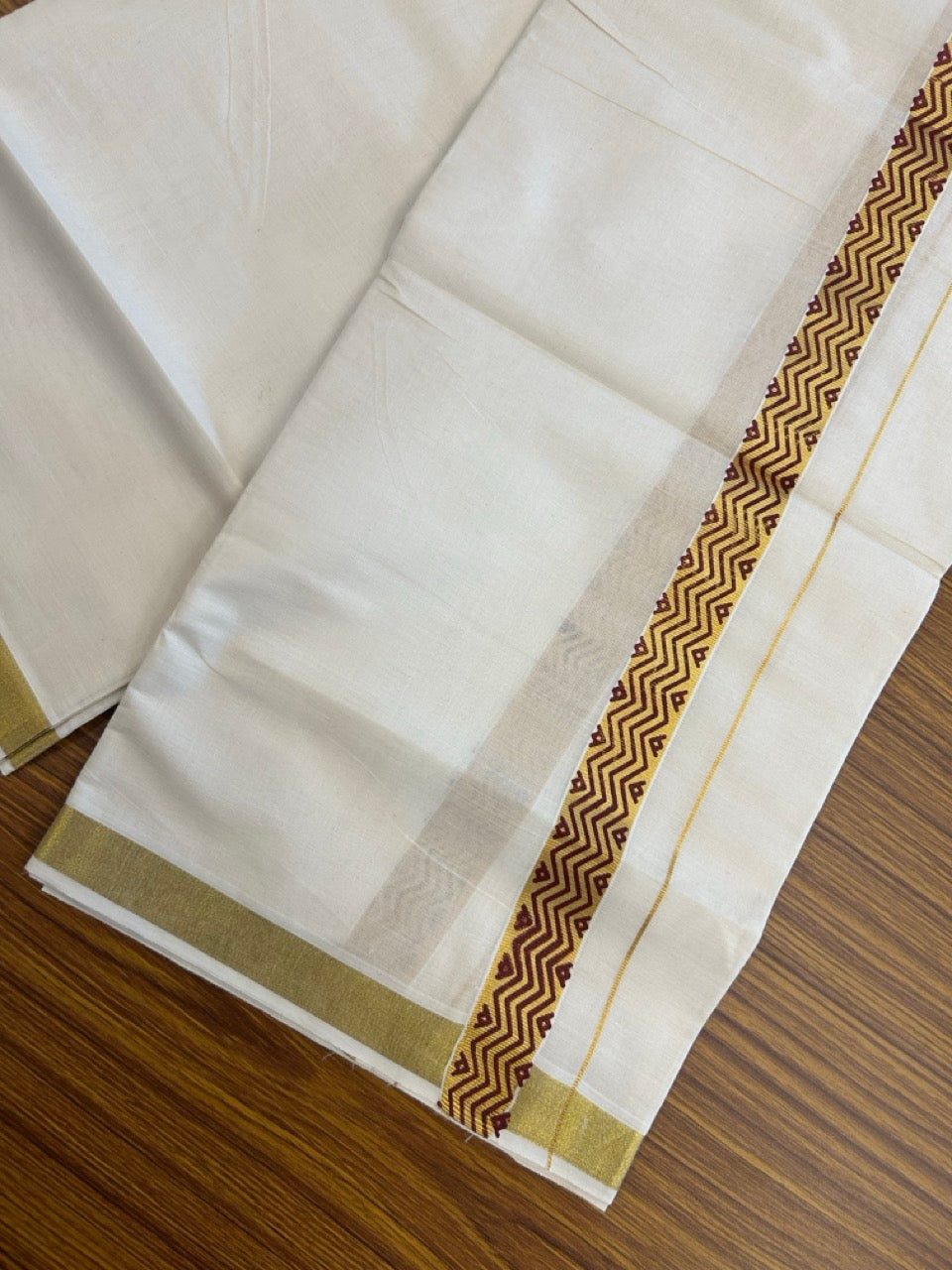 KaithariKada 100% Cotton Double Off White - (Ubleached) Mundu/Dhoti - 80x80 - 1 inch Gold Kasavu & Brown Tribal Printed Design Kara - 4 mtr (8 muzham)- 20 KK5262 STH