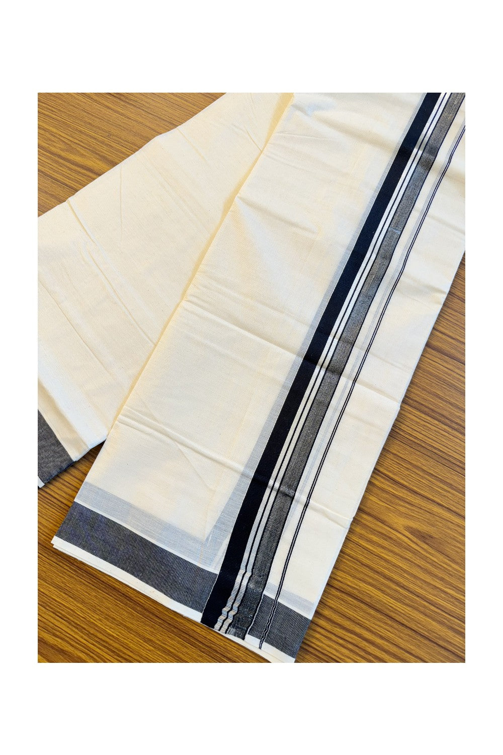 15% DISCOUNT!!! KaithariKada Balaramapuram 100% Cotton off white - (Unbleached) Double Mundu/Dhoti - 100X100 black & silver shaded kara - 20KK82VIN
