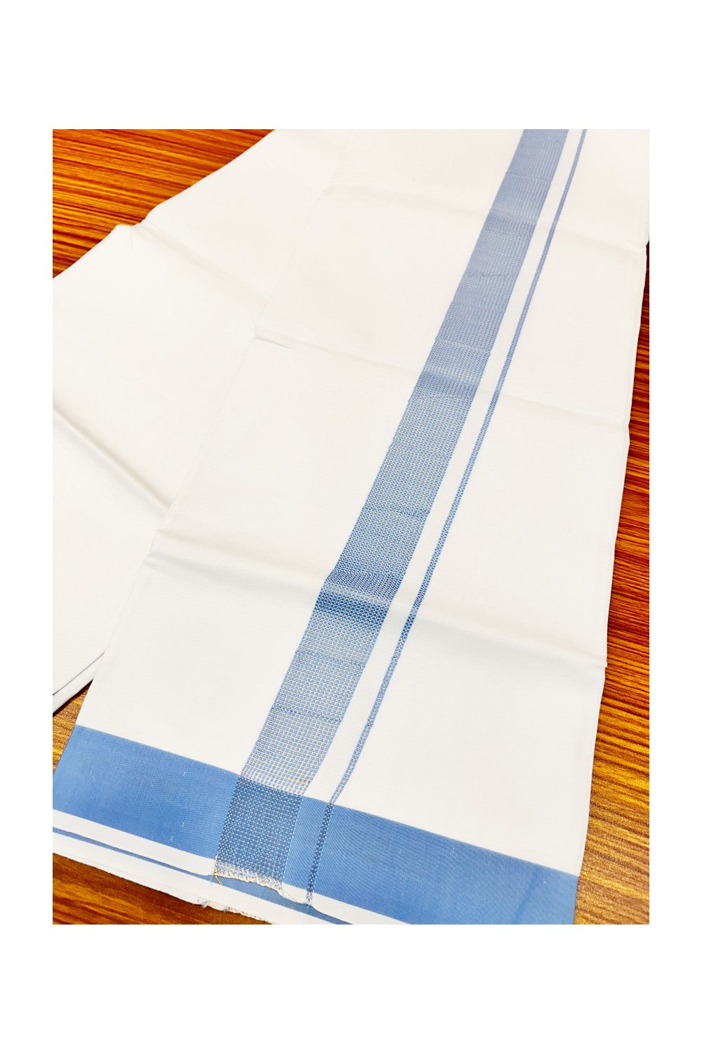 15% OFFER!! KaithariKada 100% Cotton PURE WHITE SINGLE Mundu/Dhoti-40X40 Blue Kasavu Zazri 2.inch (2 meter / 4 muzham) Kara- 20sar.