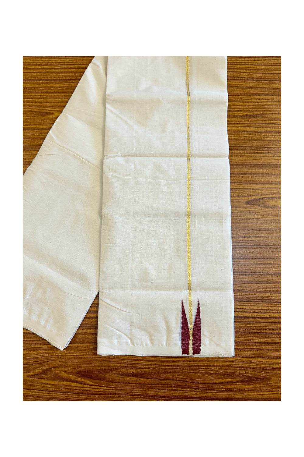 30% DISCOUNT!! KaithariKada HANDLOOM Millpaav Balaramapuram - 100% PURE Cotton OFF White (Unbleached) Double Mundu/Dothi - Kasavu maroon Puliyilakkara chutty - 20KK114ASH
