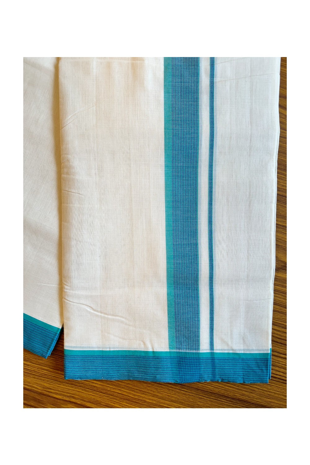 25% Discount!! KaithariKada Handloom Unakkupaavu Balaramapuram - 100% Pure Cotton Off White (Unbleached) Double Mundu/Dothi - Blue striped green kara - 20KK203RAM