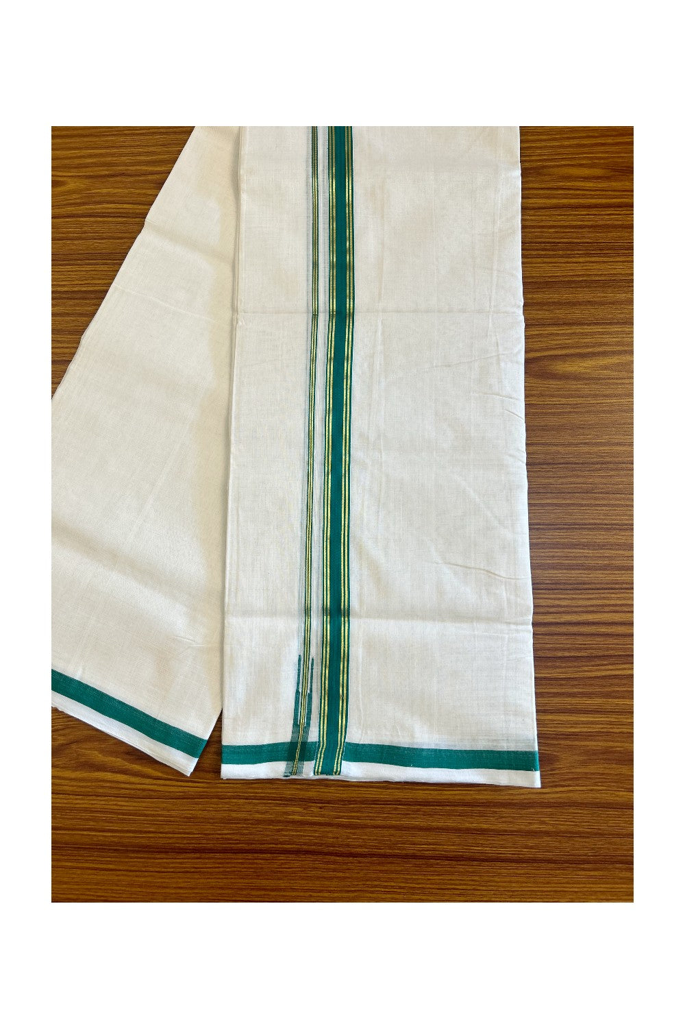 23% Discount!!! KaithariKada HANDLOOM UNAKKUPAAV Balaramapuram - 100% PURE Cotton off white (Unbleached) Double Mundu/Dhoti - 2.5 cm Green & kasavu stripes puliyilakkara chutty - 20KK458SOM