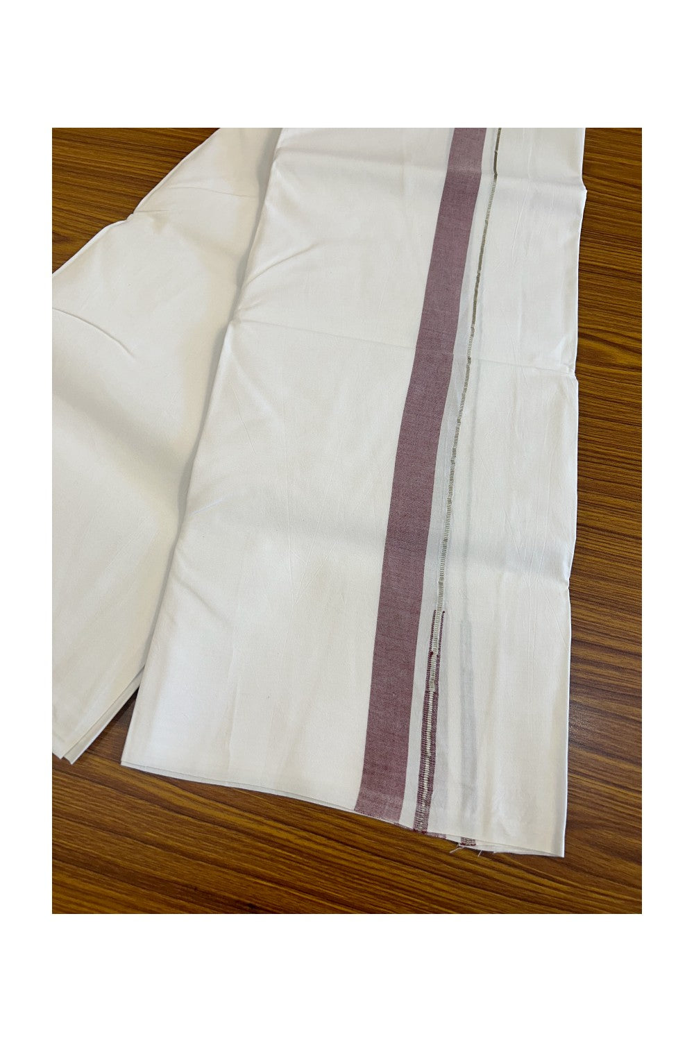 20% DISCOUNT!! KaithariKada Balaramapuram 100% Cotton PURE WHITE Single Mundu/Dhoti-100x100 Puliyilakkara Silver kasavu Grape Red chutty (2 meter / 4 muzham) - 20KK487KK