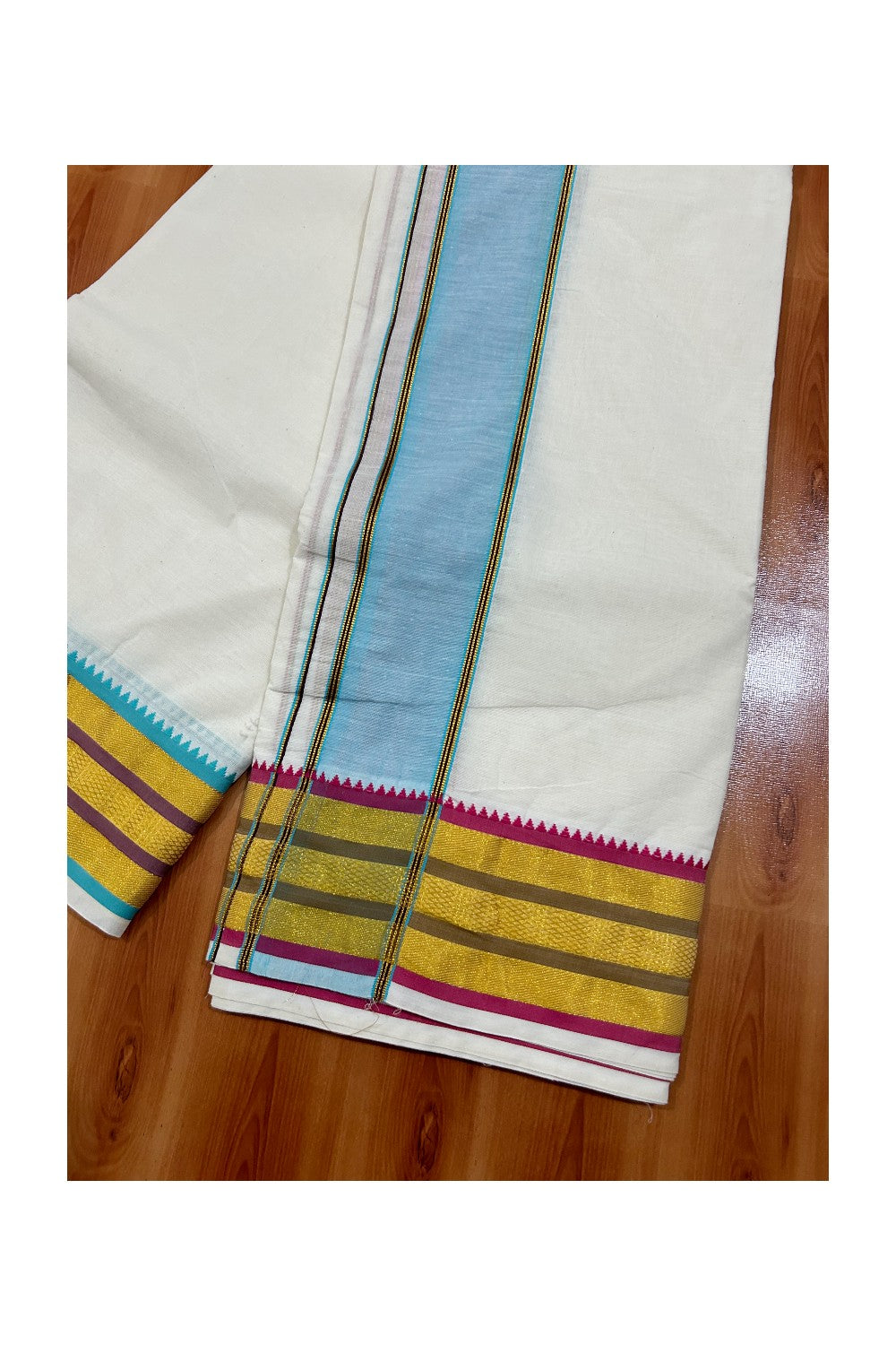 36% DISCOUNT! KaithariKada Cotton Mix Off White - (Unbleached) 80x80 thread - 80% Cotton & 20% Polyester. NORTH INDIAN - ATTACHED GAMCHA 9X5 Dhoti 3.5 inch Blue kara with Pink Kasavu border - 20KK5005PMC