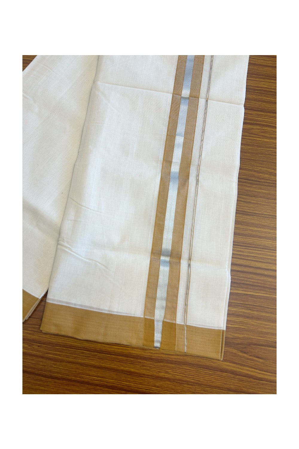 30% Discount KaithariKada HANDLOOM Unakkupaav Balaramapuram - 100% PURE Cotton Off White (Unbleached) - 100x100 Double Mundu/Dhoti - 2.25 inch Silver Kasavu Light Brown Kara- 218