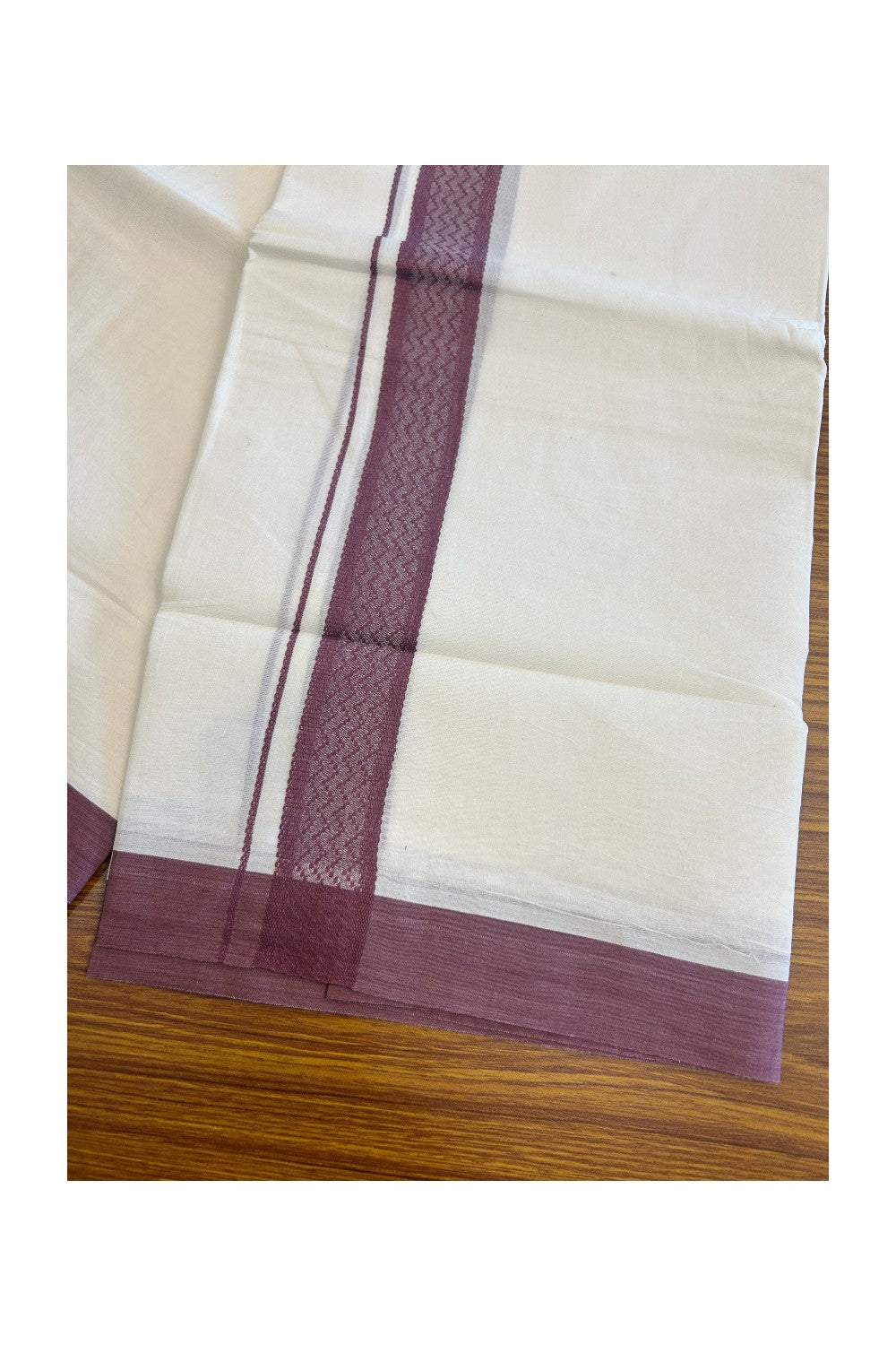 19% Discount!!! KaithariKada Balaramapuram Double Off white - (Unbleached) Mundu/Dhoti - 80X90 - 2 inch Wine Purple Pattern Kara 3.85 meters (8 Muzham) - 20KK5058GUN