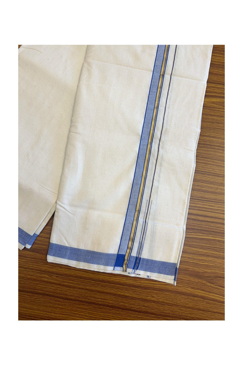 30% Discount ! KaithariKada 100% Cotton Balaramapuram HANDLOOM Single Mundu/Dhoti - Off White (Unbleached) 1.Inch (2 meter / 4 muzham) Blue & Stripes Kasavu Puliyilakkara Chutty.