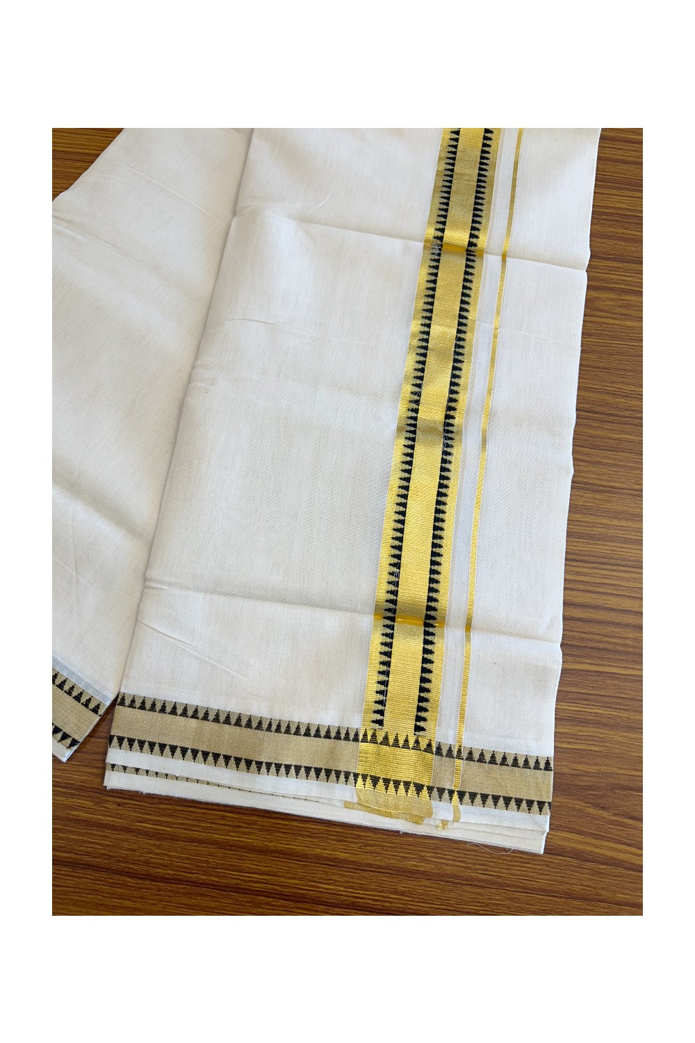25%Discount!!! KaithariKada HANDLOOM UNAKKUPAAV Balaramapuram - 100% PURE Cotton off white (Unbleached) Double Mundu/Dhoti -100x 100 - 2.5 inch Kasavu & Black Temple design kara - 19KK5096YAR
