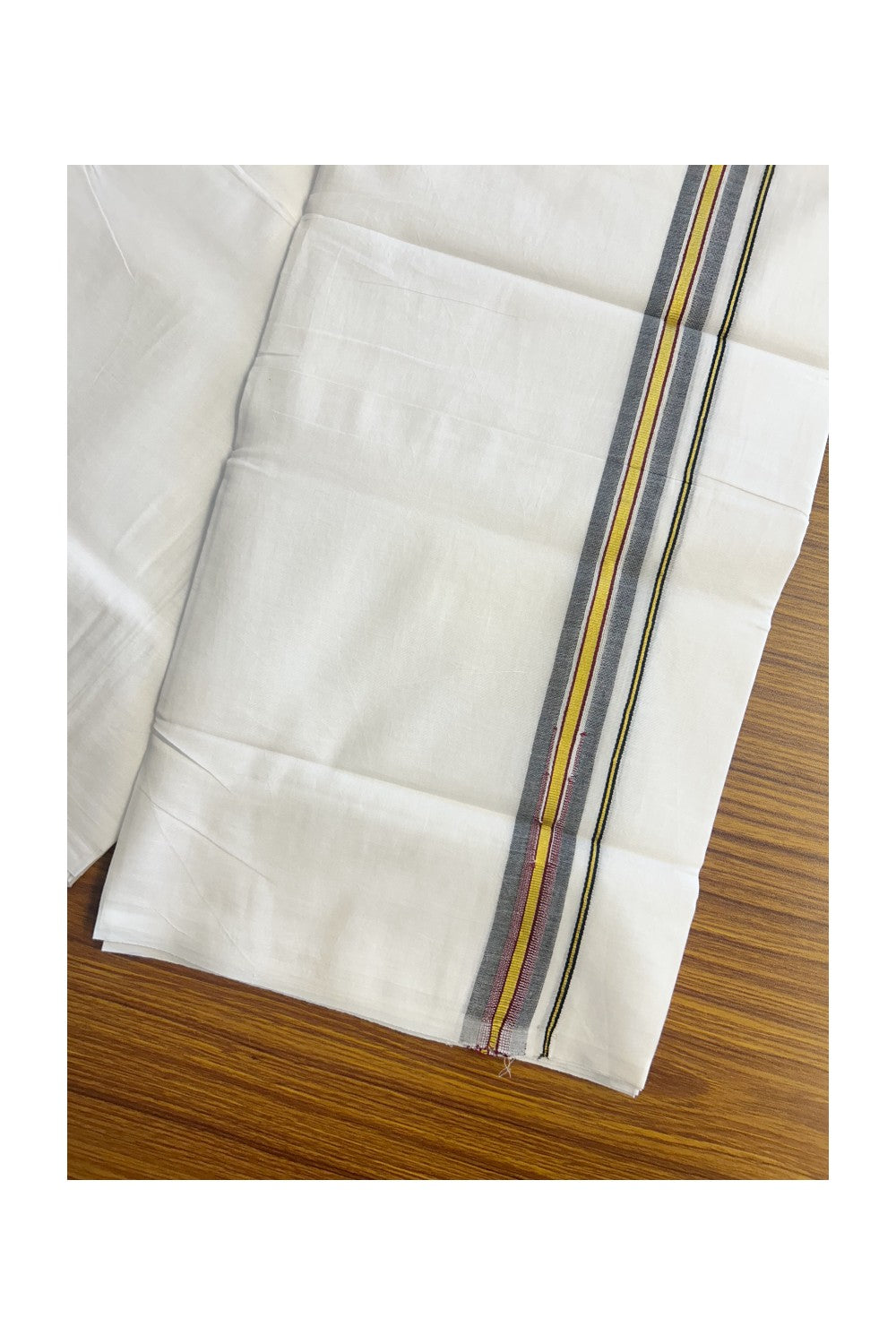 SHORT DHOTI SPECIAL! Kaitharikada.com - 20% Discount! Balaramapuram Double PURE white - (Unbleached) Mundu/Dhoti - 100X100 - 1 inch Kara & 45 inches Height Puliyilakkara Chutty Kasavu Black & Maroon Kara - 16KK5146ASH