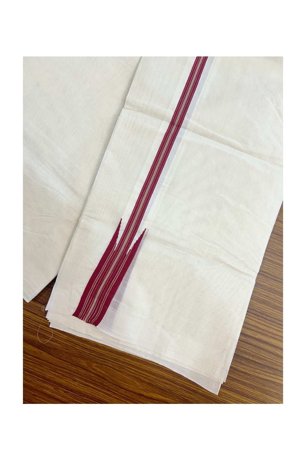 20% DISCOUNT!! KaithariKada Balaramapuram Pure Cotton DOUBLE OFF WHITE - (Unbleached) - Mundu/Dhoti - 100x80 - 1.25 inch Puliyilakkara Dark Red & Sand Brown Chutty - 20KK5171GAN