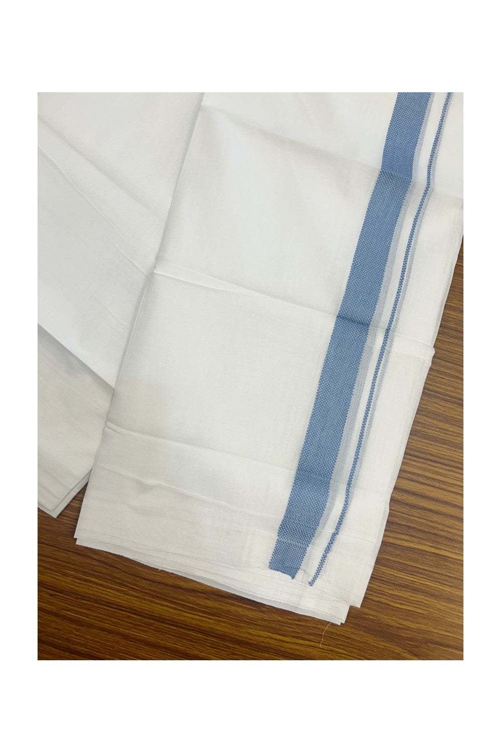 20% DISCOUNT!! KaithariKada Balaramapuram 100% Cotton PURE WHITE DOUBLE Mundu/Dhoti - 100x80 - 1 inch Sky Blue Design Kara - 20KK5174THI