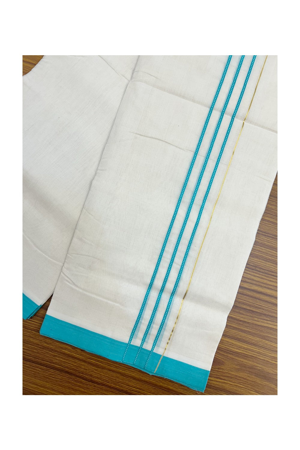 25% DISCOUNT!! KaithariKada HANDLOOM UNAKKUPAAV Balaramapuram - 100% PURE Cotton OFF White - (Unbleached) Double Mundu/Dothi - 80x100 - PURE JERRY 1.25 inch Turquoise blue stripes pattern kara 3.80 meter (8.5 Muzham) - 20KK5209 REA
