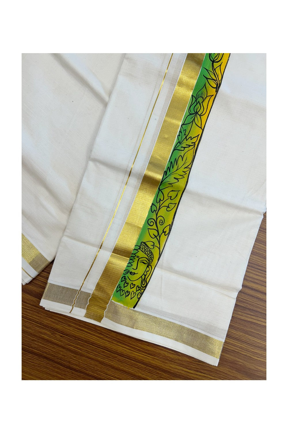 29% Discount! KaithariKada Balaramapuram 100% Cotton off white Double - (Unbleached) Mundu/Dhoti- 80x90 - Gold Kasavu HAND PAINTED Yellow & Green Leaf Flower Buda Pattern 2.25 inch Kara - 20KK5212 VIN