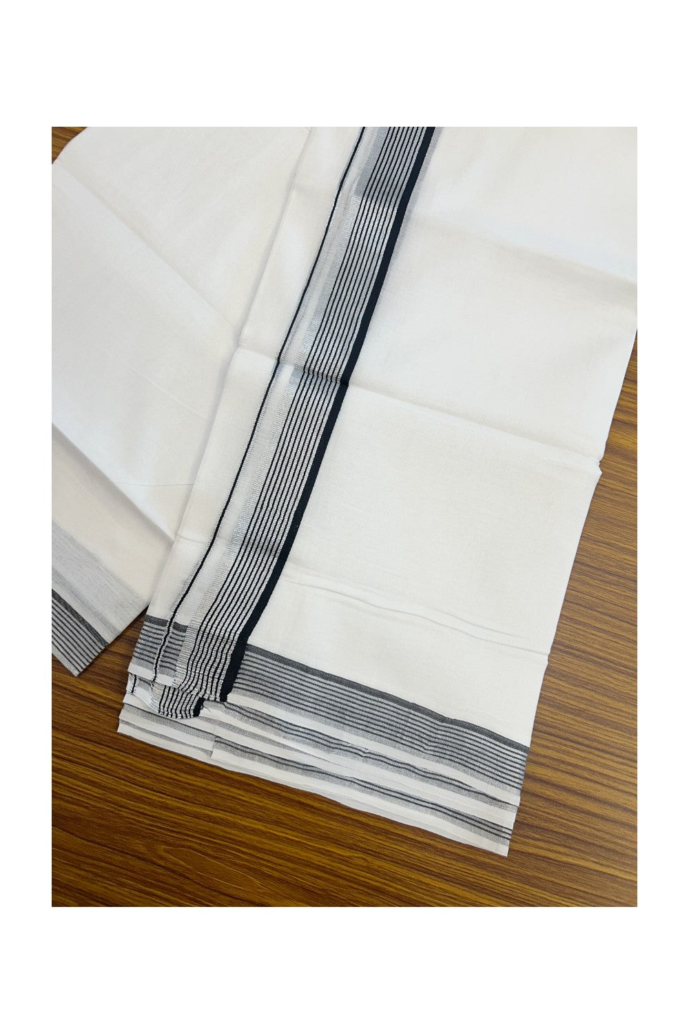 20% Discount !! KaithariKada Balaramapuram Double PURE WHITE Mundu/Dhoti- 100x80 - 1.25 inch Black & Silver Kasavu Striped kara - 20KK5217 CKS