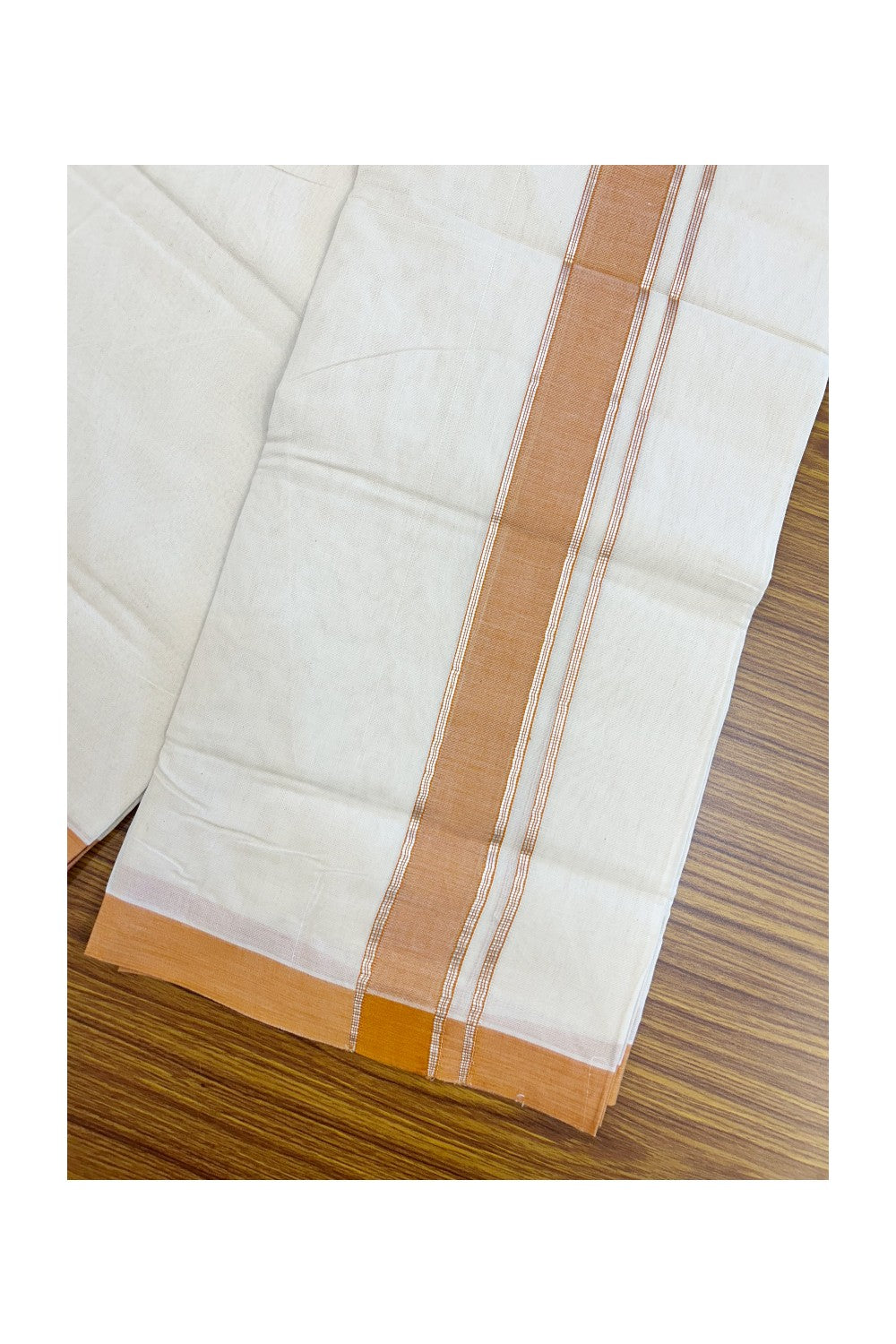 NEW !! 20% DISCOUNT!! KaithariKada Balaramapuram 100% Cotton Double Off white - (Unbleached) Mundu/Dhoti-100x80 - 1.5 inch Silver Kasavu & Light Orange Shaded Striped KARA - 3.75 mtr (8 Muzham) - 20KK5218 ASH