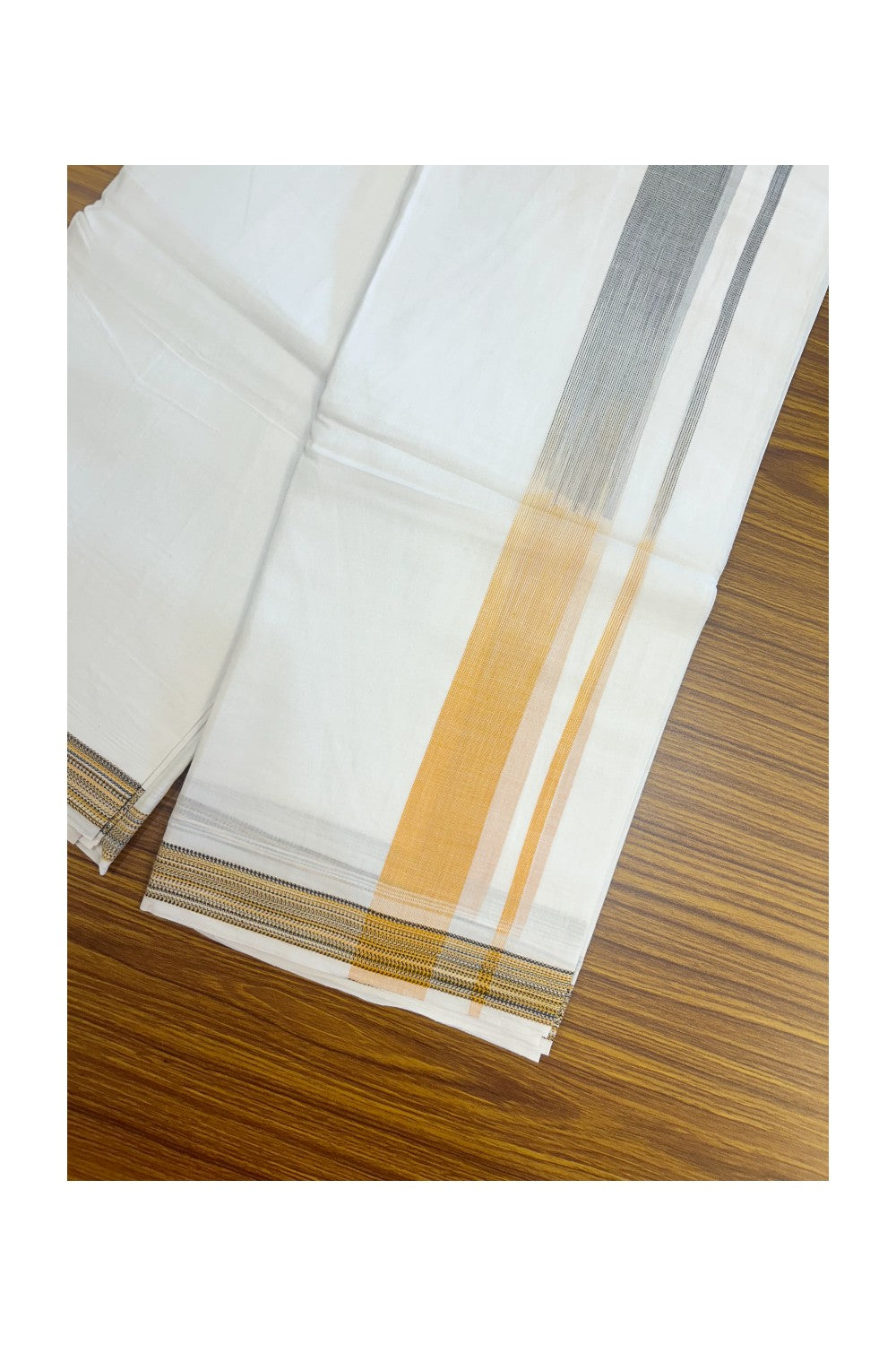 20% Discount!!! KaithariKada Balaramapuram Double PURE WHITE RAINBOW Mundu/Dhoti - 100X80 - 1.5 inch Black & Light Orange shaded Striped Designer Kara - 20KK5220 THI