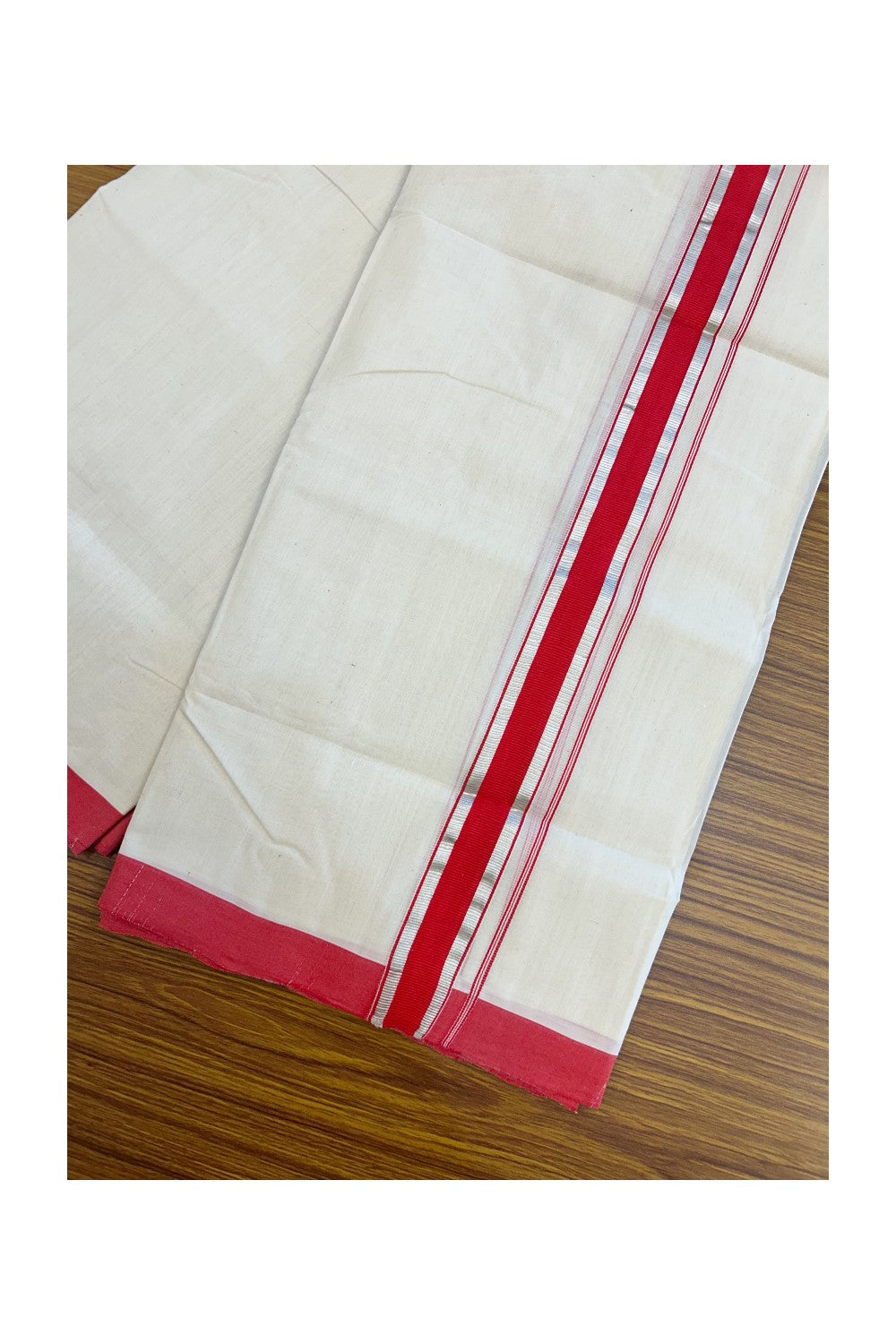 25% Discount! KaithariKada HANDLOOM MILLPAAV Balaramapuram - 100% PURE Cotton OFF WHITE (Unbleached) Double Mundu/Dhoti - 80x90 - 1.25 inch Silver kasavu Bright Red striped kara 4 Mtr (8.5 Muzham) - 20KK5235 YAR