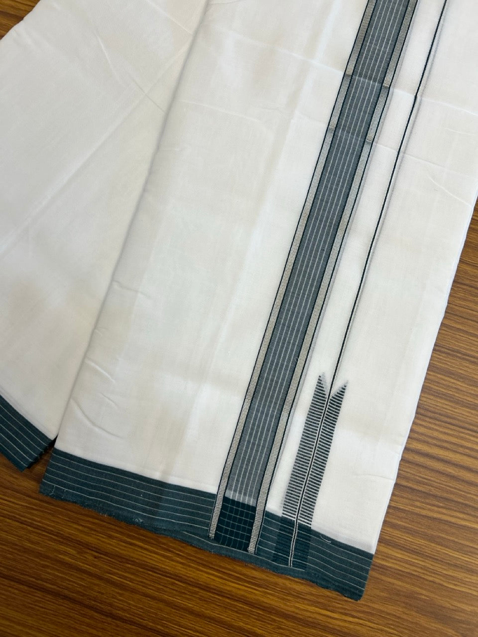 25% Discount!! NEW ULTRA PURE WHITE THREAD HANDLOOM Balaramapuram - 100% MERCERISED Cotton Double Mundu/Dhoti - 120 twisted warp x 80s weft - Dark Green White Stripes Silver Kasav Chutty Kara- 20KK5248 REA