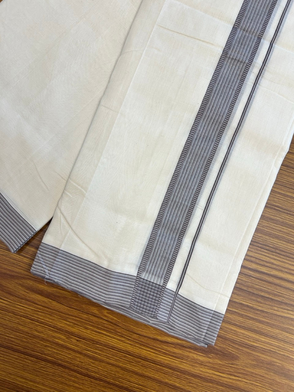 25% DISCOUNT!! KaithariKada HANDLOOM UNAKKUPAAV Balaramapuram - 100% PURE Cotton OFF White - (Unbleached) Double Mundu/Dothi - 100 x 80 - 1.5 inch Violet Cyan 3.80 meter (8.5 mulam) - 20 KK5249 REA