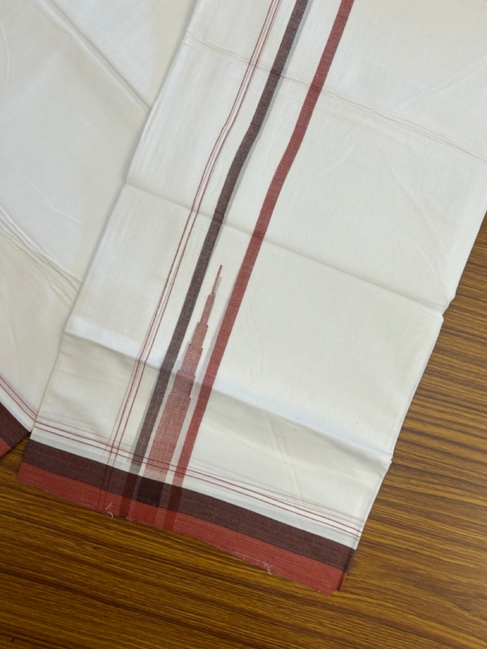 20% Discount ! NEW! KaithariKada Balaramapuram 100% Cotton Pure white Double Mundu/Dhoti - (100x80)s - 1.5 inch Brick Red Brown chutty - 20 KK5249 VIN