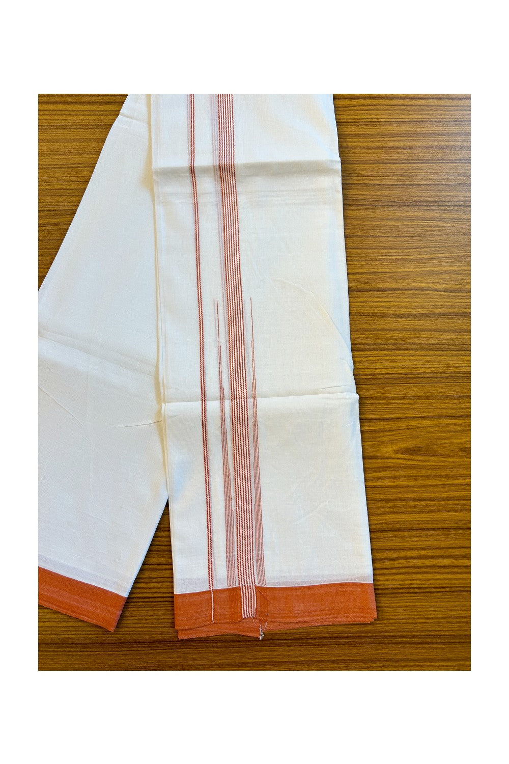 22% Discount!! Kaitharikada Balaramapuram 100% Cotton Pure White Double Mundu/Dothi-100x100 2.25 Inch Orange Striped Cotton Kara 3.80 mtr (8 Muzham) - 20KK74RAM