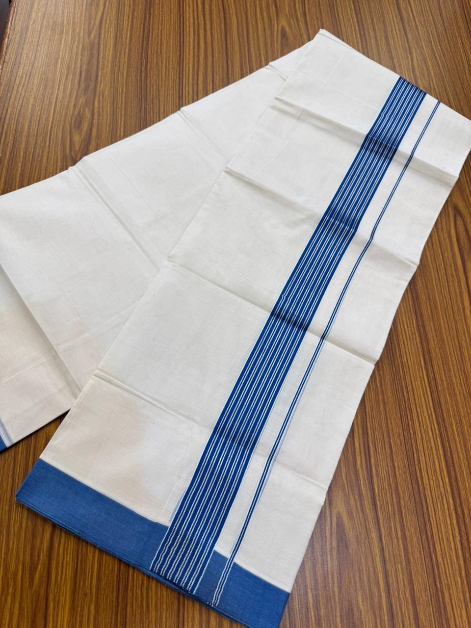 20% Discount! KaithariKada Balaramapuram 100% Cotton Off white Double Mundu/Dhoti - (100x80)S - 1.75 inch Blue & Silver Kasav Striped Kara - 4mtr (8.5muzham) - 79 KK5255 VAS