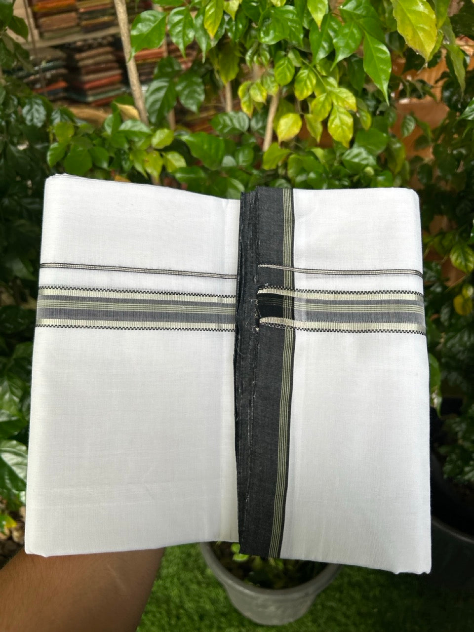 25% Discount!! NEW ULTRA PURE WHITE HANDLOOM Balaramapuram - 100% MERCERISED Cotton Double Mundu/Dhoti - 120 twisted warp x 80s weft - Green Black Silver Kasav Kara- 21KK5248 REA
