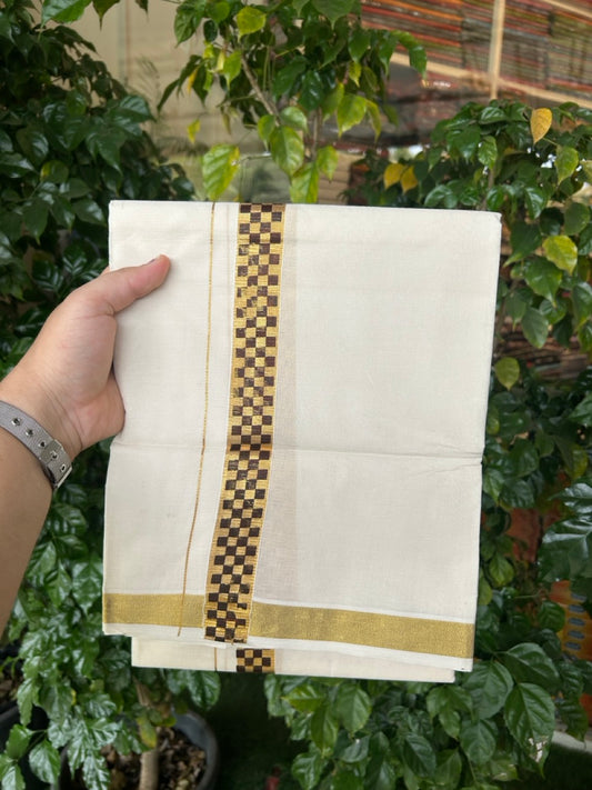 KaithariKada 100% Cotton Double Off White - (Ubleached) Mundu/Dhoti - 80x80 - 1 inch Gold Kasavu & Brown Tribal Printed Design Kara - 4 mtr (8 muzham)- 21 KK5262 STH