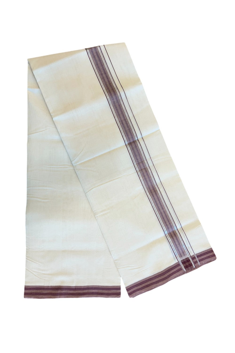 25% Discount!!! KaithariKada HANDLOOM UNAKKUPAAV Balaramapuram - 100% PURE Cotton off white Double - (Unbleached) Mundu/Dhoti - 2 inch Silver kasavu Brown striped kara - 20KK5049REA