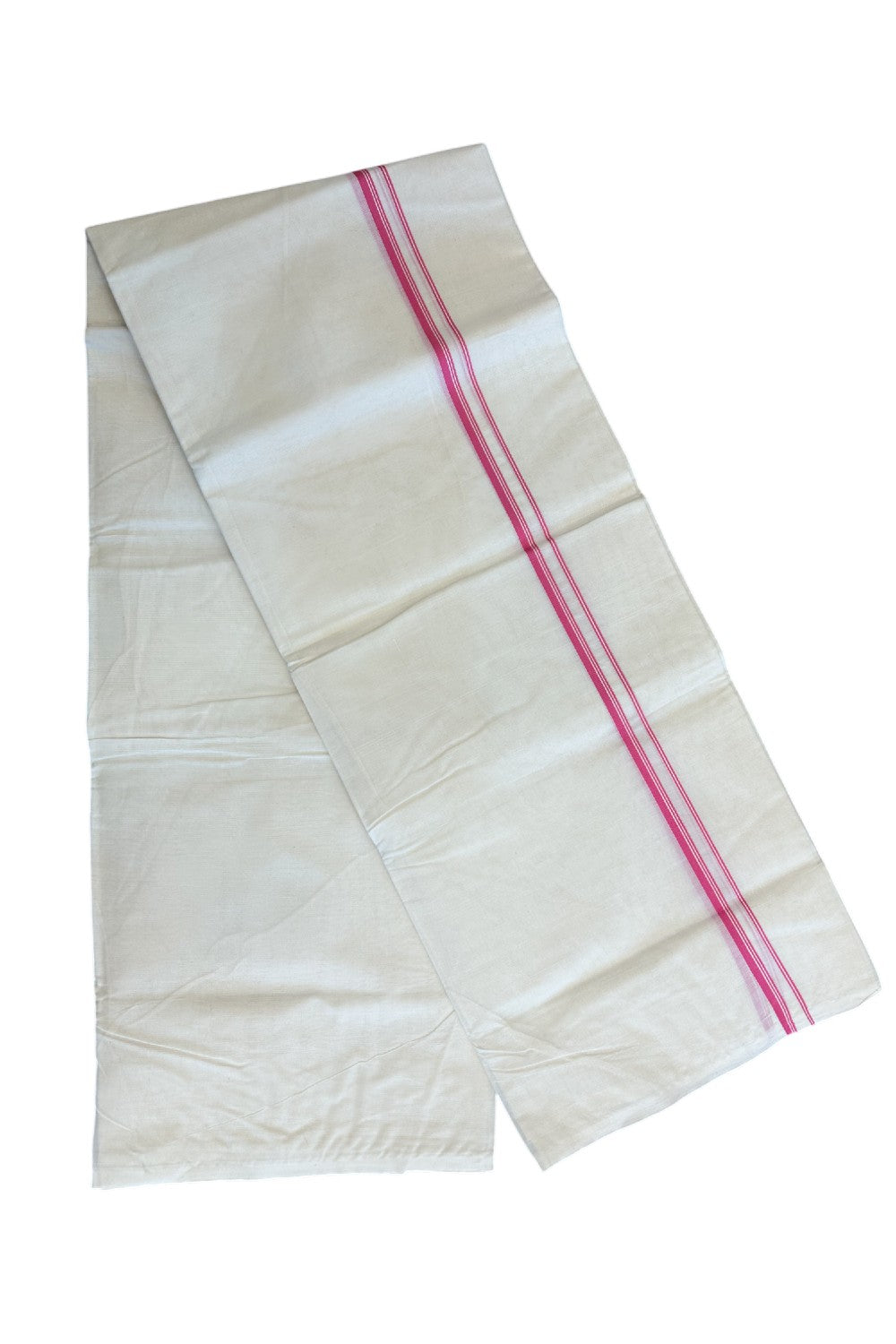 10% Discount ! KaithariKada Balaramapuram 100% Cotton Double Off white (Unbleached) Mundu/Dhoti-100X100-  Dark Pink & Stripes 1.cm  Kara.- 15/1123ASH011.1