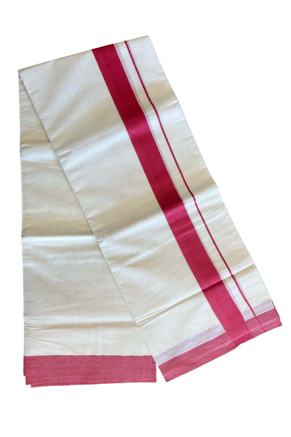 10% Discount! KaithariKada Balaramapuram 100% Cotton Double Off white -(Unbleached) - Mundu/Dhoti-100X100- 2.5 inch Peach Red Kara- 74.