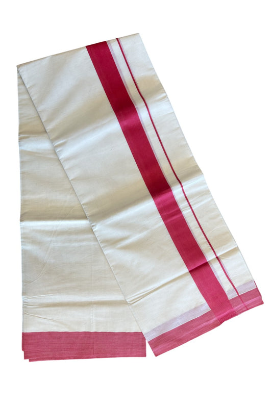10% Discount! KaithariKada Balaramapuram 100% Cotton Double Off white -(Unbleached) - Mundu/Dhoti-100X100- 2.5 inch Peach Red Kara- 74.