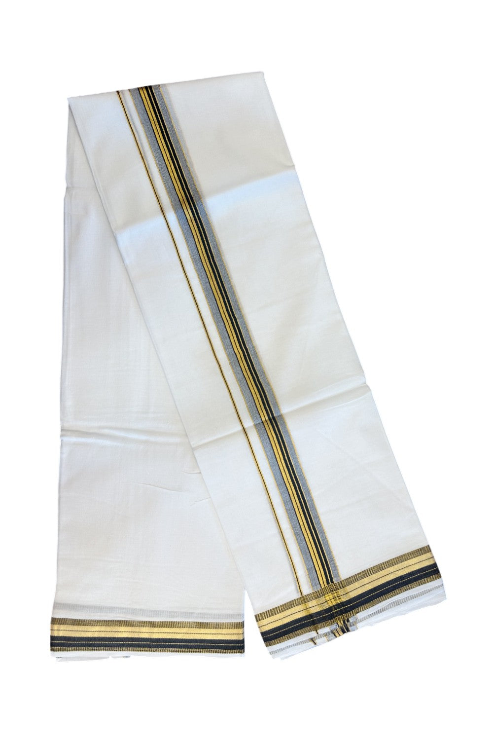 16% DISCOUNT! KaithariKada Balaramapuram 100% Mercerised Cotton Double ULTRA PURE white Mundu/Dhoti - 100x100 1.25 inch Black & Kasavu stripes Kara - 21KK5135GAN