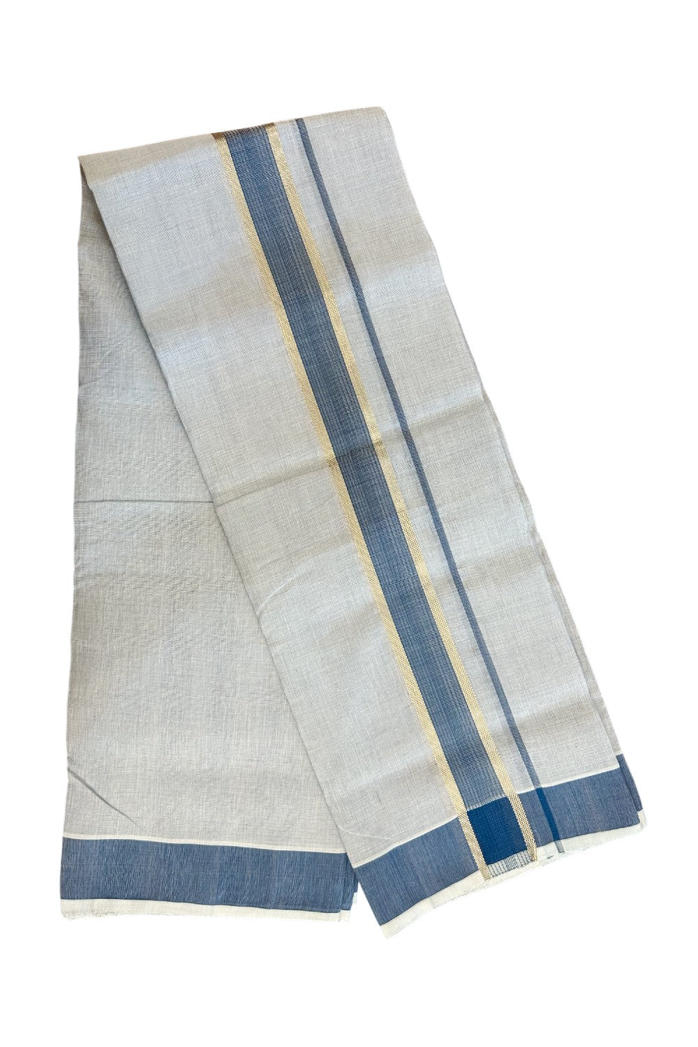 25% DISCOUNT! KaithariKada HANDLOOM MILLPAAV Balaramapuram - 100% PURE Cotton Off White (Unbleached) - Double Mundu/Dhoti - 2 inch Gold Kasavu striped kara & Blue Tissue Body - 21KK5170RAM