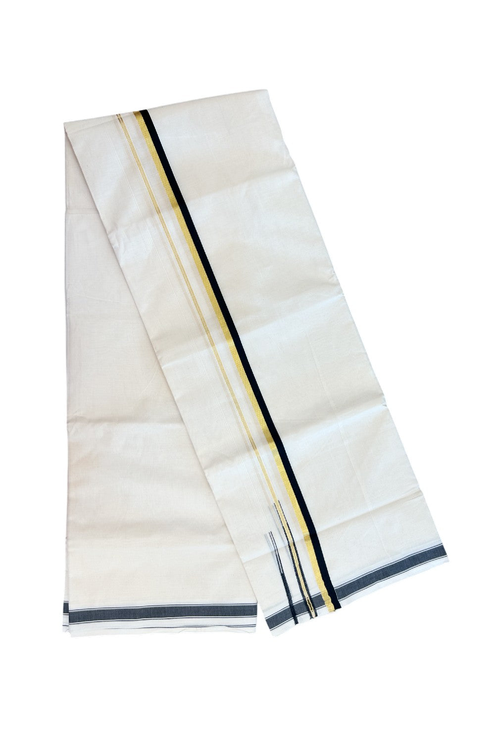 20% DISCOUNT !! KaithariKada Balaramapuram 100% Pure Cotton Double Off white - (Unbleached) Mundu/Dhoti-100x80 - 0.75 inch Puliyilakkara Gold Kasavu & Black Double Chutty Kara - 21KK5186CKS